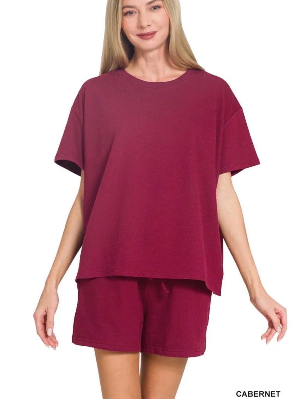 NWOT Zenana Outfitters IS Cabernet Short Sleeve Tee and shorts set,Medium